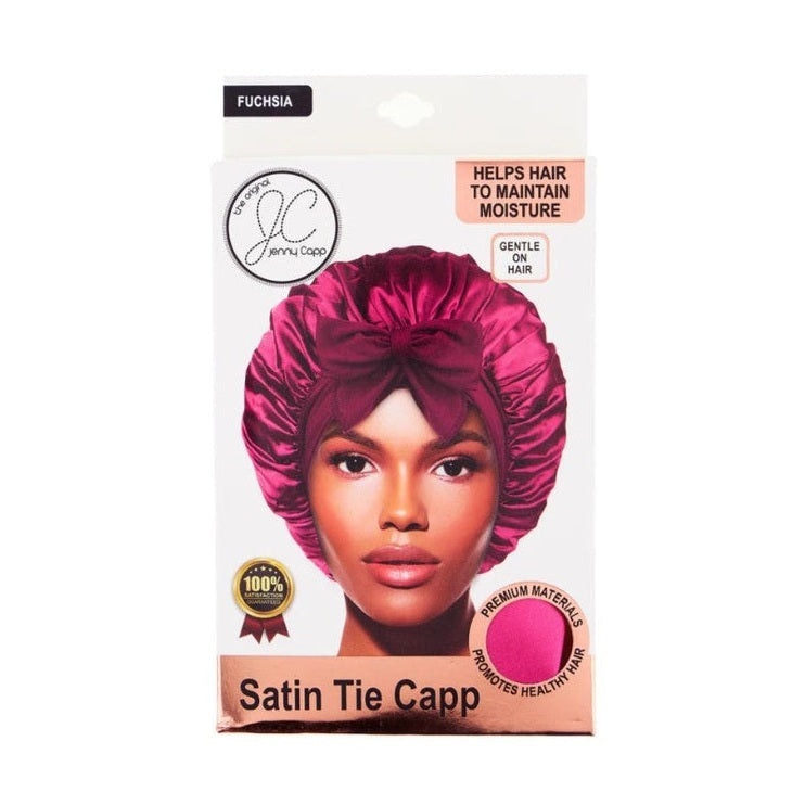 Boxed Jenny Capp satin bonnet with bow. Woman modeling product. Fuchsia color.
